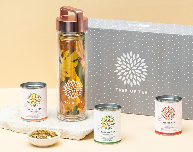 article1a-summer-tea2go-set.jpg Tree of Tea Teeflasche in sommerlichem Design und 3 Teeminis in einer Geschenkbox