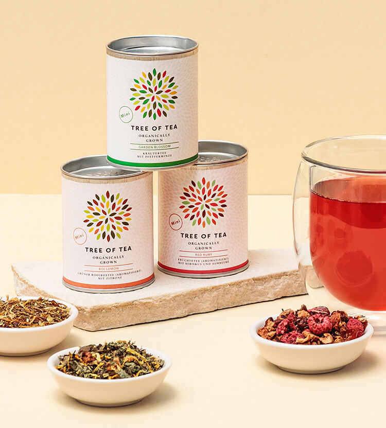 article4b-summer-tea2go-set.jpg 3 Tee Minidosen mit losem Blatttee aus dem Set und daneben ein Teeglas mit rotem Fruechtetee